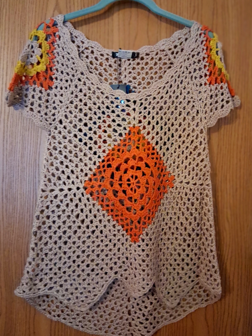 Miss Kelly 1999 Beige Open-Knit Crochet Tunic with Orange Accent